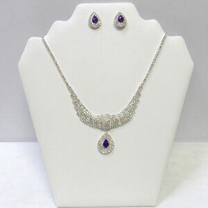 Silver & Purple Rhinestone Necklace Jewelry Set Wedding Bridal Evening Formal